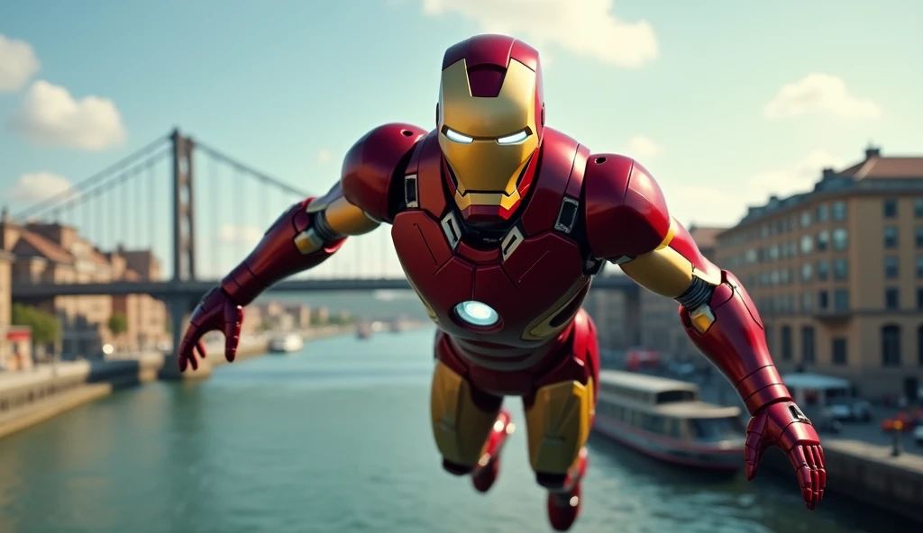 Iron man flying scene, over a river, image of bridge, boat in the background, close-up view