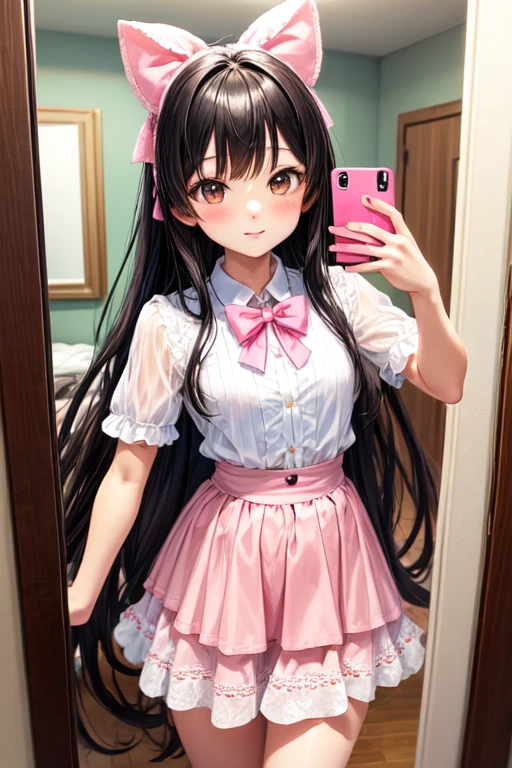 Beautiful girl high quality anime girl with black layered hair, bangs and a pink bow. Brown eyes. Wearing a cute white lacy top and pink skirt. Smaller medium sized bust and small waist. taking a selfie in front of kawaii bedroom mirror.