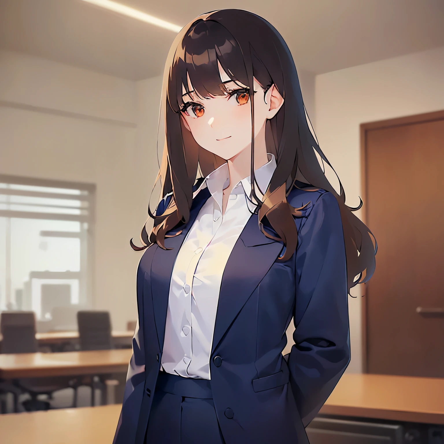 Upper Body, Realistic, real person, (pale skin: 1.2), RAW photo, photorealistic, shiny skin, shiny hair、(A 25-year-old woman with medium-length hair and bangs) and (wavy hair) and (brown hair) and (orange eyes) , BREAK (Navy blue business suit:1.5) and (white collared shirt) BREAK、smile, Background is an office room、Alone、Are standing