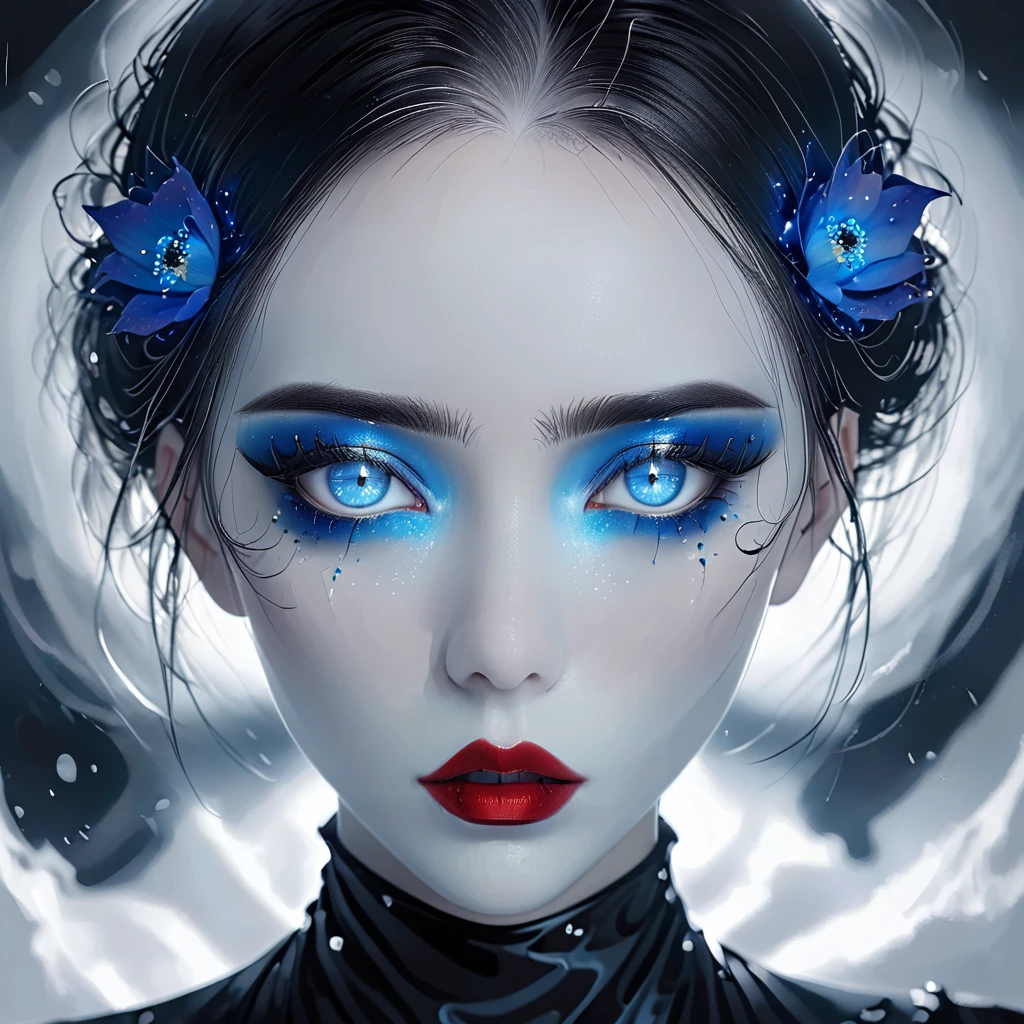 ((masterpiece)), Surreal, Portrait of a beautiful white skinned vampire (Black enamel), Heavy makeup, Bright Blue Eyes, In a dark and gloomy environment. (Prompt is in Portuguese)