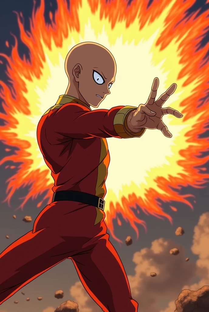 Saitama throwing a serious punch, in anime