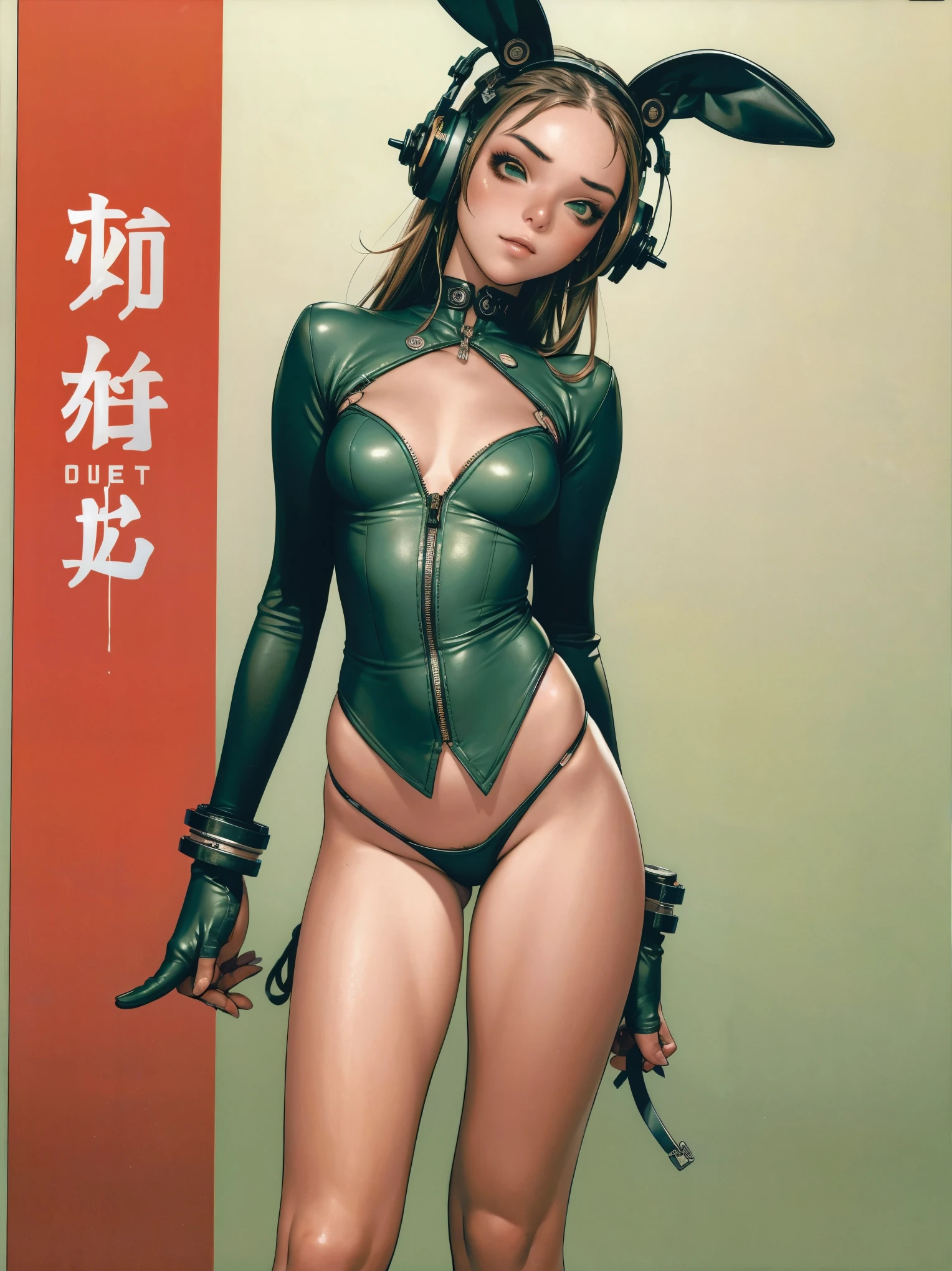(best qualityer))), (((manga strokes))), (((Headphones))), (((Green devices))), Bunny ears and Googles on the forehead, (((tiny thong shorts))), uma Kizi jovem muito bem vestida com roupas modernas de inverno, short top, short jacket with dark fur collar, beautiful and expressive face, slightly-smile, big eyes with long black eyelashes, heavy make-up, chains and zippers spread across clothes, contrasting colours, pose de atitude, hair with a modern and futuristic cut, urban game poster art, dramatic camera angles, graffiti art elements, ((bird’s eye view))), (((best qualityer: 1.4))), (Unbeatable masterpiece), (hiper HD),(CG 8k hyper-realistic), Kizi, (((standing alone))), pirralha violent, ((())), sexly, pose de atitude, work of art, post-apocalypse, (((manga style))), bounty hunter, violent, Manic, the way you want, slenderbody, thin but strong, perfectbody, roupa moderna, advanced technology, neon, sleeves with vertical striped pattern