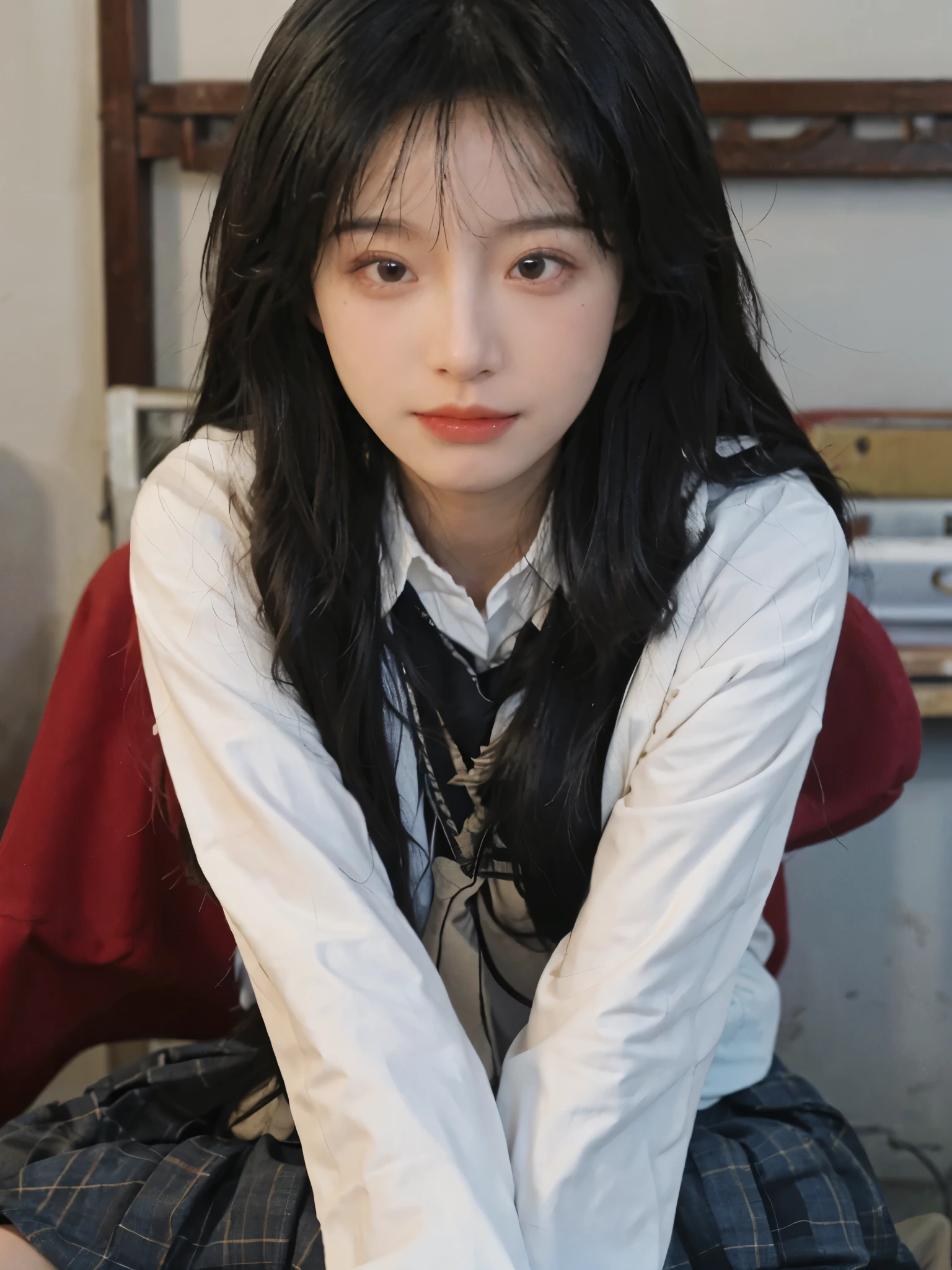 Best quality,Ultra-high resolution,(Realism:1.4),1 girl,Pink long hair,A pair of clear and moving eyes,Royal sister,Snow-white school uniform,Close-up eyes