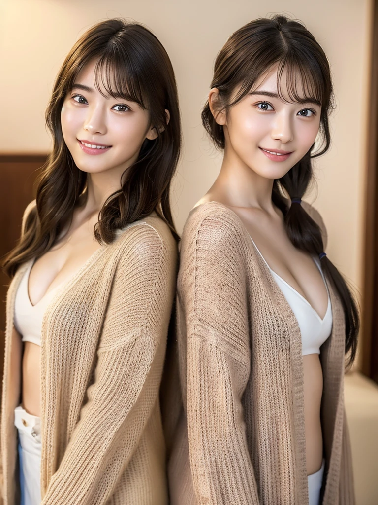 (masterpiece:1.3), (8K, Photoreal, Raw photo, best image quality: 1.4), Japanese high school girl、Similar identical twins、2 girls、(random hairstyle:1.2)、cleavage:1.2、super detail face、eye for details、double eyelid、chest to chest、sharp focus:1.2、Beautiful woman:1.4、light brown hair、highest quality、masterpiece、Super high resolution、(Photoreal:1.4)、Highly detailed and professionally lit smiles、loose and light knitwear, Two girls whose faces, figures, and standing positions are perfectly copied like the virtual image reflected in the mirror and the real image., all girls are exactly the same face