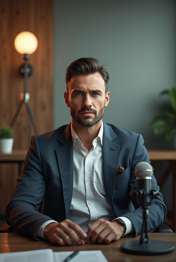Generate an image of a man sitting facing camera in a well-balanced studio with microphone in his front, realistic portrait