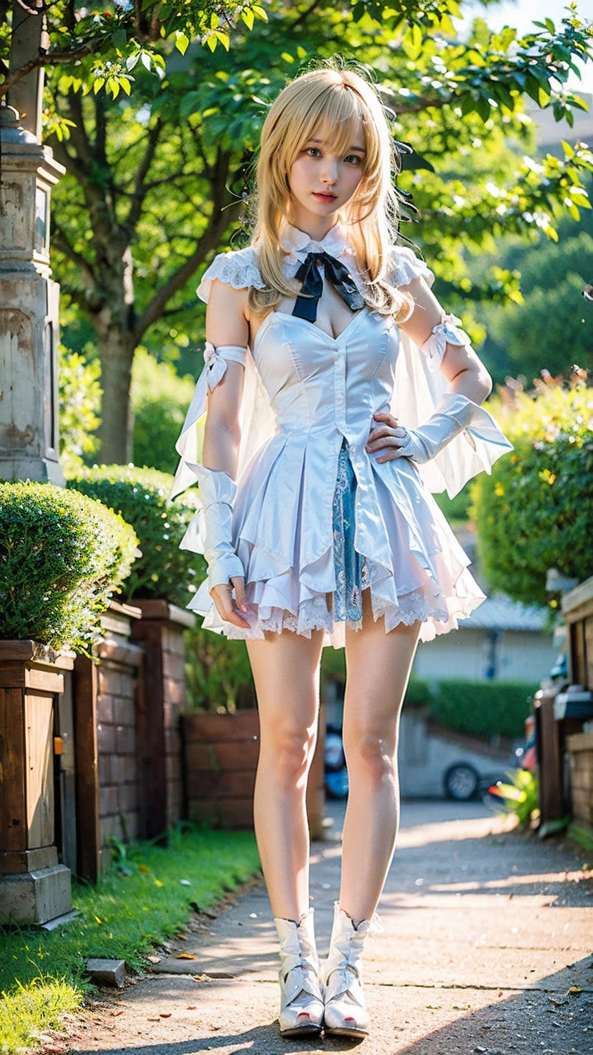(8k、RAW Photos、Highest quality、masterpiece:1.2)、(Realistic、Realistic)、1 girl、((Blonde、White and light blue、garden、Frills、Cape、mini skirt、Thin legs、whole body、boots、View from the front、Looking into the camera、Stand with hands on hips))、cute