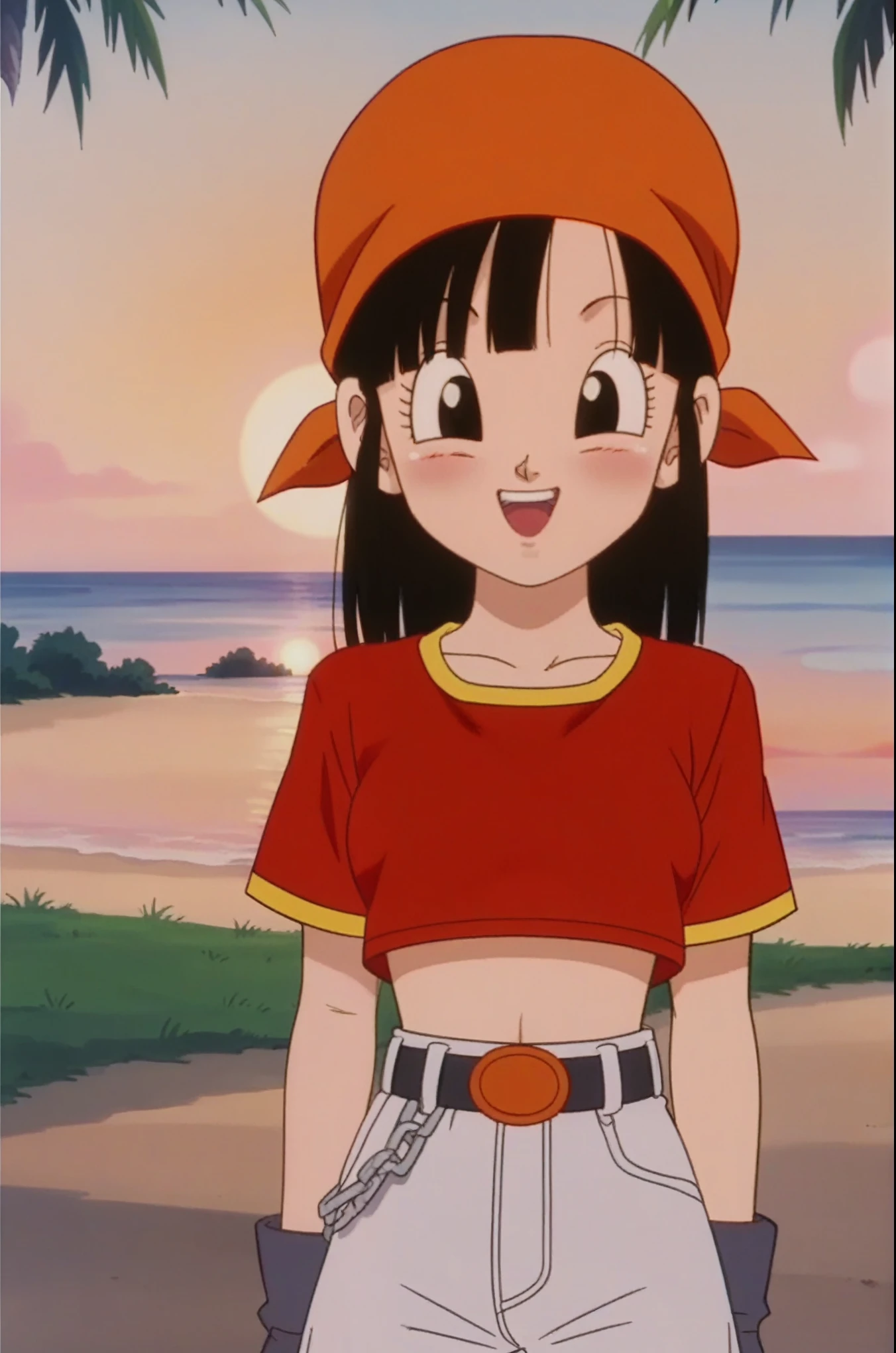 source_anime, score_9, score_8_up, score_7_up, anime screencap,
pangt, 1girl, smile, bangs, happy, blushing, grass, black hair, sunset, Watching the sunset, beach in open sea sunset, sun, collarbone, whole body, teeth, blunt bangs, outdoors, black eyes, eyelashes, upper teeth only, red crop top, bandana, retro artstyle, , 1990s \(style\), orange headwear, medium ass, medium breasts