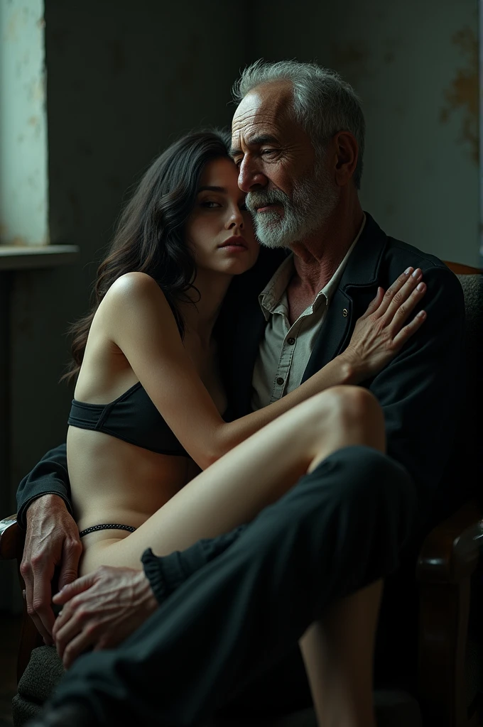 (masterpiece), ((couples shot)), half screen, ((( an old man is seated beside a beautiful 21 years old woman on a leather couch))), (she kisses the old man intensely))),best quality, perfect anatomy, ((she is wearing no clothing)), ((small breasts, slender but supple hips)), (long brown hair), (detailed brown eyes are open) , slender hips perfect body, perfect makeup, intense detail, UHD, very realistic