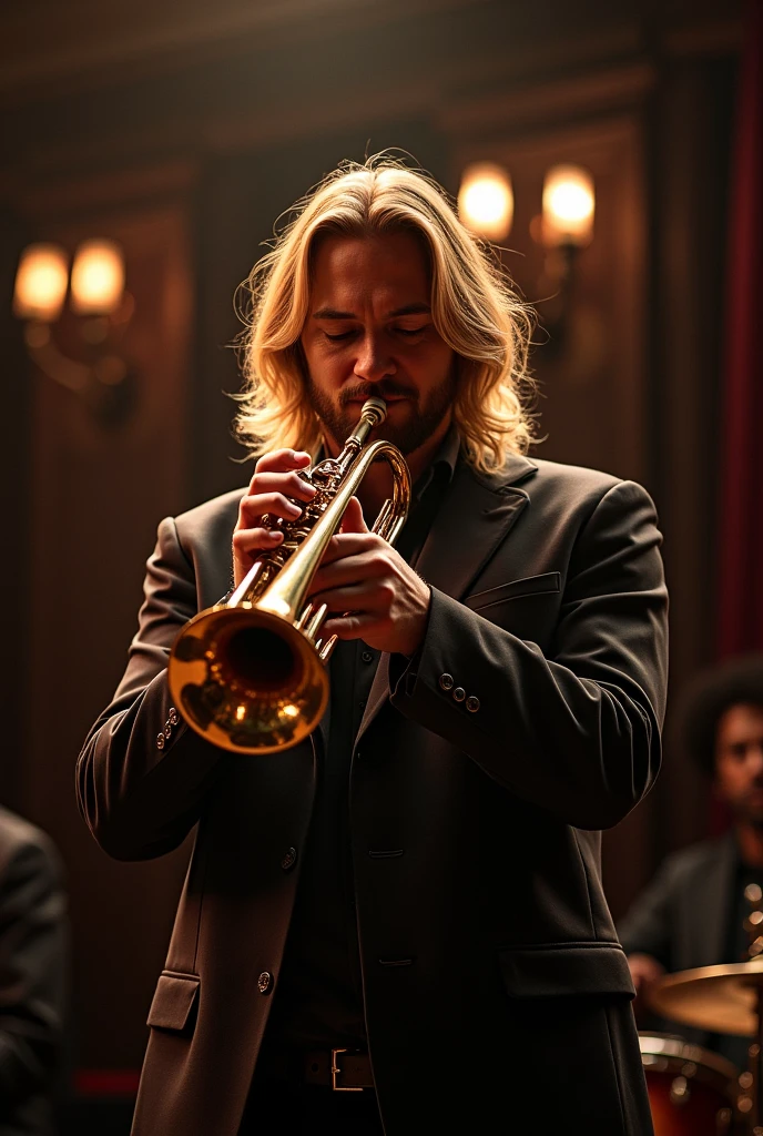 A blond man with long hair playing a trumpet 