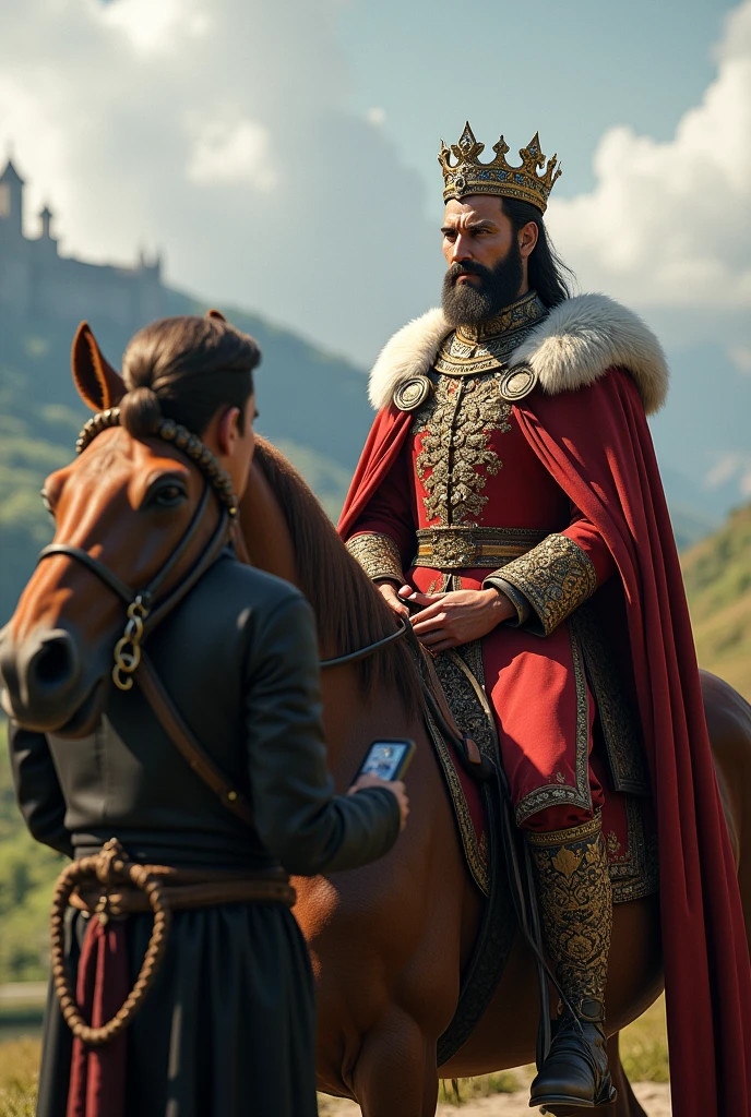 A king being interviewed with a mic on his horse