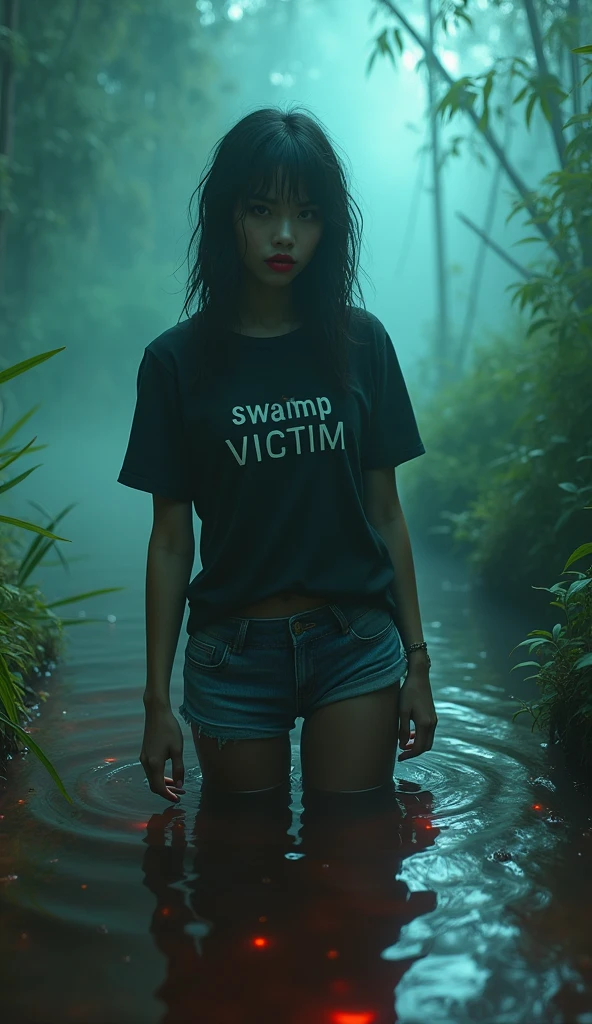 girl in (fetishistic ethnic pattern black shiny rubber stockings) and denim cut-offs and t-shirt with "swamp victim" label, stuck in bog, red fog, blue green fog, red lips