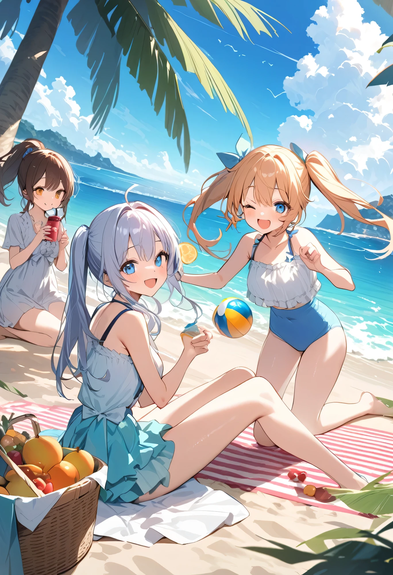 Highest quality、High resolution、Detailed Background、(Beautiful face in every detail:1.4)、Normal number of fingers、Detailed facial expressions、Detailed eyes、age beauty、Highly detailed face、Light color hair、Twin tails、ponytail、A fun atmosphere、A big smile、smile、Full of energy、Under the clear blue sky、A beautiful coastline with white sand、cute gesture、
(Three beautiful girls having a fun beach picnic:1.5)、
They gather on the beach in colorful swimsuits.、
We all divided up the work and spread out the lunch boxes, fruit, drinks, etc. that we had taken out of the big basket.、
They spread out picnic mats and enjoyed a delicious meal while chatting in a lively atmosphere.、
Sing along to the sound of the waves and play with a ball、After having a good time together, everyone seems to be relaxing.、The sight of them relaxing on the sand makes you feel like it's summer.、A picture-like moment from the girls' happy memories、cute
