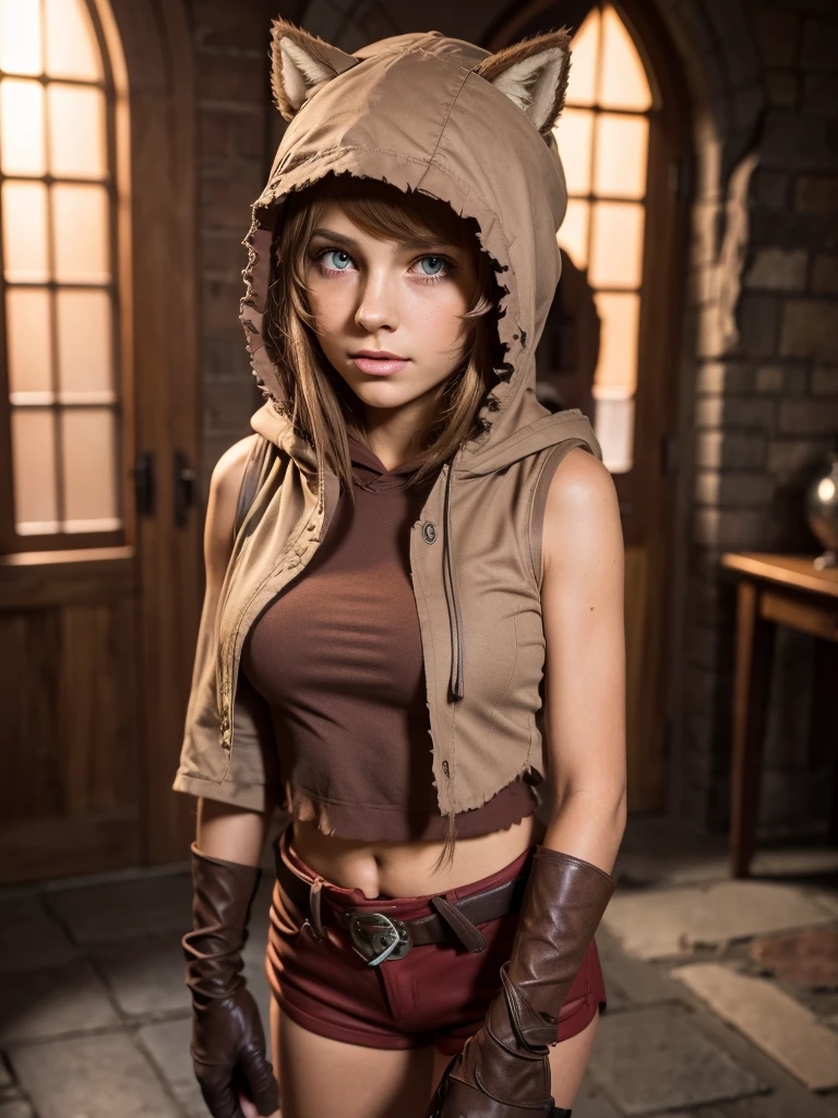 
full body,a hot 12 year old girl in a sleeveless hoodie,red shorts, belt,torn thighhighs,cleavage,
brown boots, beautiful detailed eyes, animal ears, hood up, beautiful detailed lips, gloves, extremely detailed face, long eyelashes, photorealistic, high quality, highly detailed, 8k, masterpiece, realistic, studio lighting, natural lighting, lighting soft, warm colors, pastel colors, vibrant colors, in a Dungeon