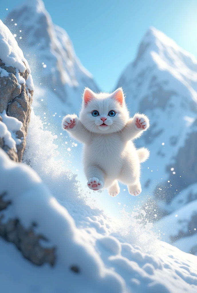 Snowcat kitten, jumping from an avalanche