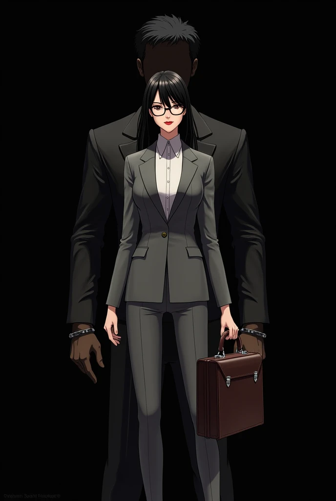 The woman is wearing a grey suit and glasses and her lips are painted red., holding a briefcase. Place it in the center of the cover to make it the focal point.. THE WOMAN&#39;S HAIR IS BLACK COMBED ON THE SIDES UP TO THE SHOULDERS The grey suit and briefcase should be in shades that contrast well with the black background to stand out. And a silhouette of a tall man with broad shoulders, in a black suit. The silhouette should be behind or to the side of the girl, and his hands are handcuffed forward. The hat should partially cover your face., but make sure his well-defined jaw is visible to add a touch of intrigue. And I put in golden but elegant letters with contrast to black and illumination the title On the edge of danger. And in small letters of a white or silver color He in his hell made me fall in love.



