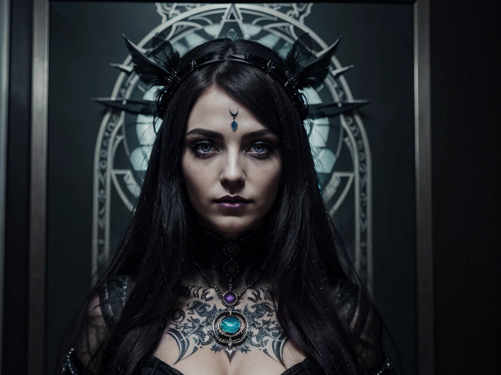 With an aura of mystique and darkness, the glam-goth eerie digital oracle gazes out from the acrylic painting, her cybernetic enhancements blending seamlessly with Victorian-inspired fashion. The image, a meticulously detailed digital painting, captures every intricate detail of the subject's ornate accessories and intricate tattoos. The color palette, a haunting mix of deep purples and shimmering blacks, adds to the enigmatic allure of the oracle, whose eyes seem to pierce through the screen with an otherworldly intensity. This high-quality artwork exudes an eerie beauty that is both captivating and unsettling, inviting viewers to delve into the unknown depths of the digital realm.