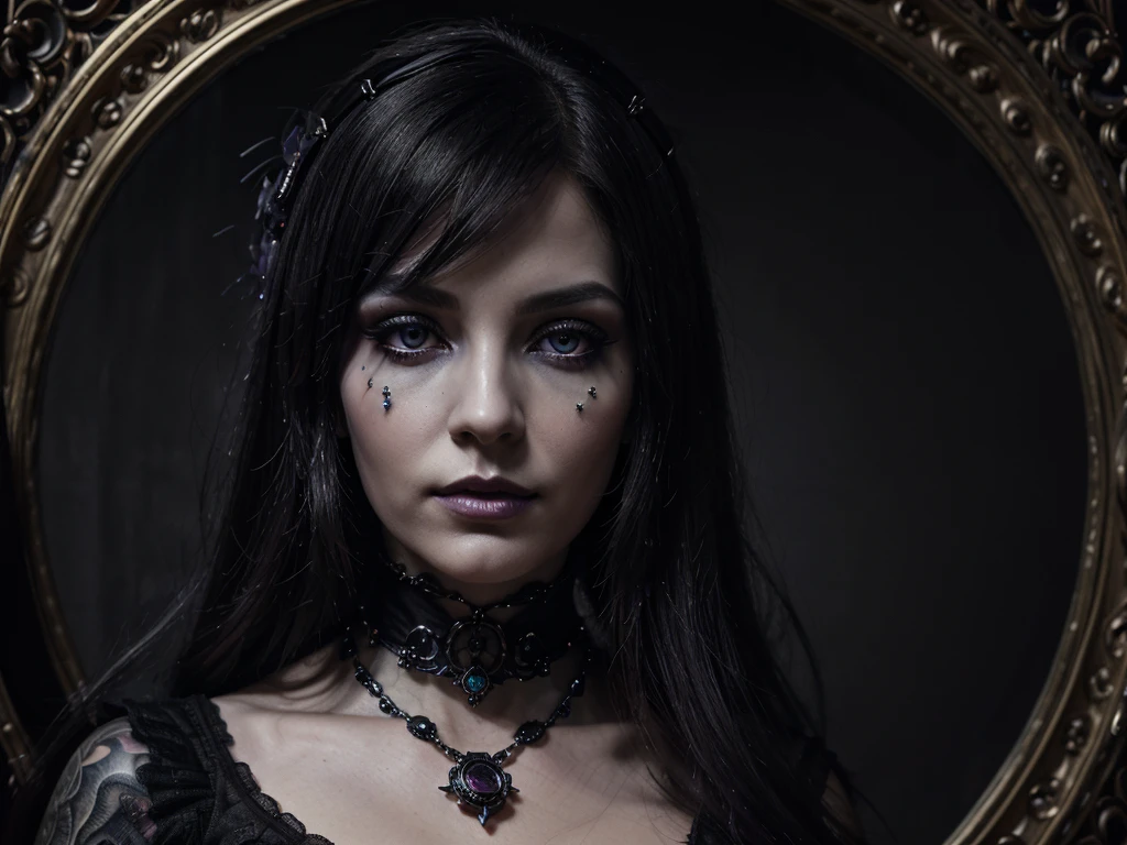 With an aura of mystique and darkness, the glam-goth eerie digital oracle gazes out from the acrylic painting, her cybernetic enhancements blending seamlessly with Victorian-inspired fashion. The image, a meticulously detailed digital painting, captures every intricate detail of the subject's ornate accessories and intricate tattoos. The color palette, a haunting mix of deep purples and shimmering blacks, adds to the enigmatic allure of the oracle, whose eyes seem to pierce through the screen with an otherworldly intensity. This high-quality artwork exudes an eerie beauty that is both captivating and unsettling, inviting viewers to delve into the unknown depths of the digital realm.