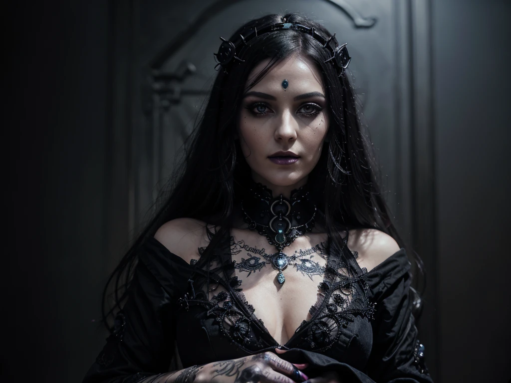 With an aura of mystique and darkness, the glam-goth eerie digital oracle gazes out from the acrylic painting, her cybernetic enhancements blending seamlessly with Victorian-inspired fashion. The image, a meticulously detailed digital painting, captures every intricate detail of the subject's ornate accessories and intricate tattoos. The color palette, a haunting mix of deep purples and shimmering blacks, adds to the enigmatic allure of the oracle, whose eyes seem to pierce through the screen with an otherworldly intensity. This high-quality artwork exudes an eerie beauty that is both captivating and unsettling, inviting viewers to delve into the unknown depths of the digital realm.