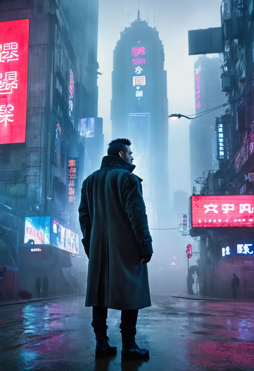masterpiece, best quality, 1man, alone in the middle of city, background is a cyberpunk city, head looking up, there is a big billboard, cinematic lighting, conematic, the city is empty, foggy, wearing long coat