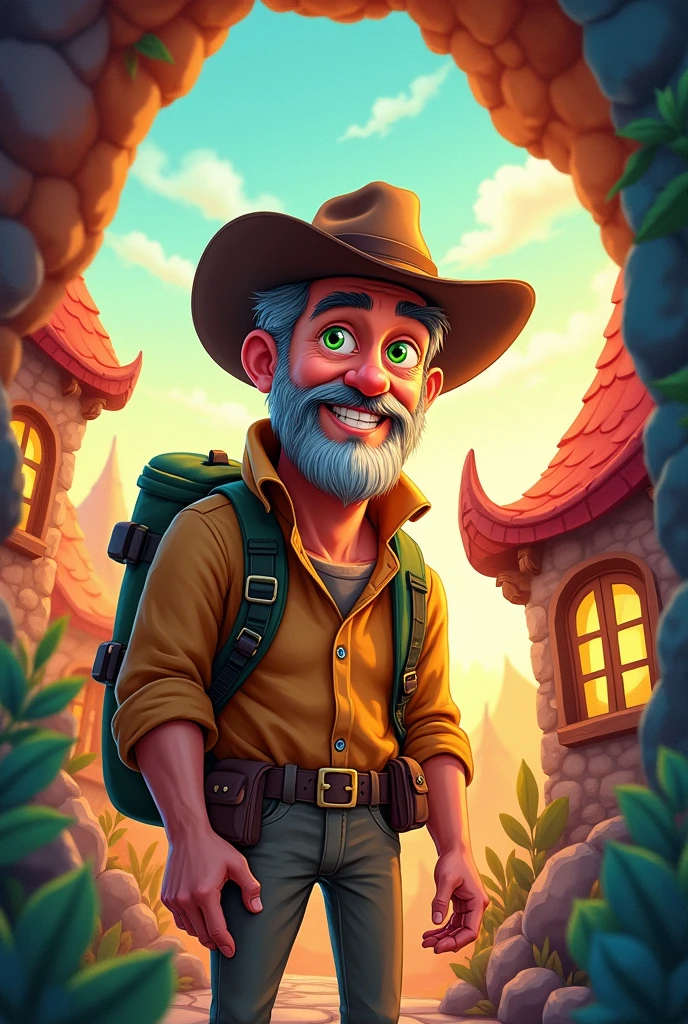 Best Quality,8k,High resolution,masterpiece:1.2),cartoon style,full body portrait,adventurous man on a mountain,50 years,for the chestnut,green eyes ,adventurer hat,Mountain Clothing,,beautifully drawn facial features,detailed expression,Confident smile,holding a compass,Standing in a strange house of vibrant colors,soft shadows,reminiscent of a classic adventure cartoon,Stylized brushstrokes,expressive lines,subtle textures,illuminated by the warm light of the setting sun,adding depth and atmosphere,Create a sense of excitement and anticipation for the upcoming trip..."