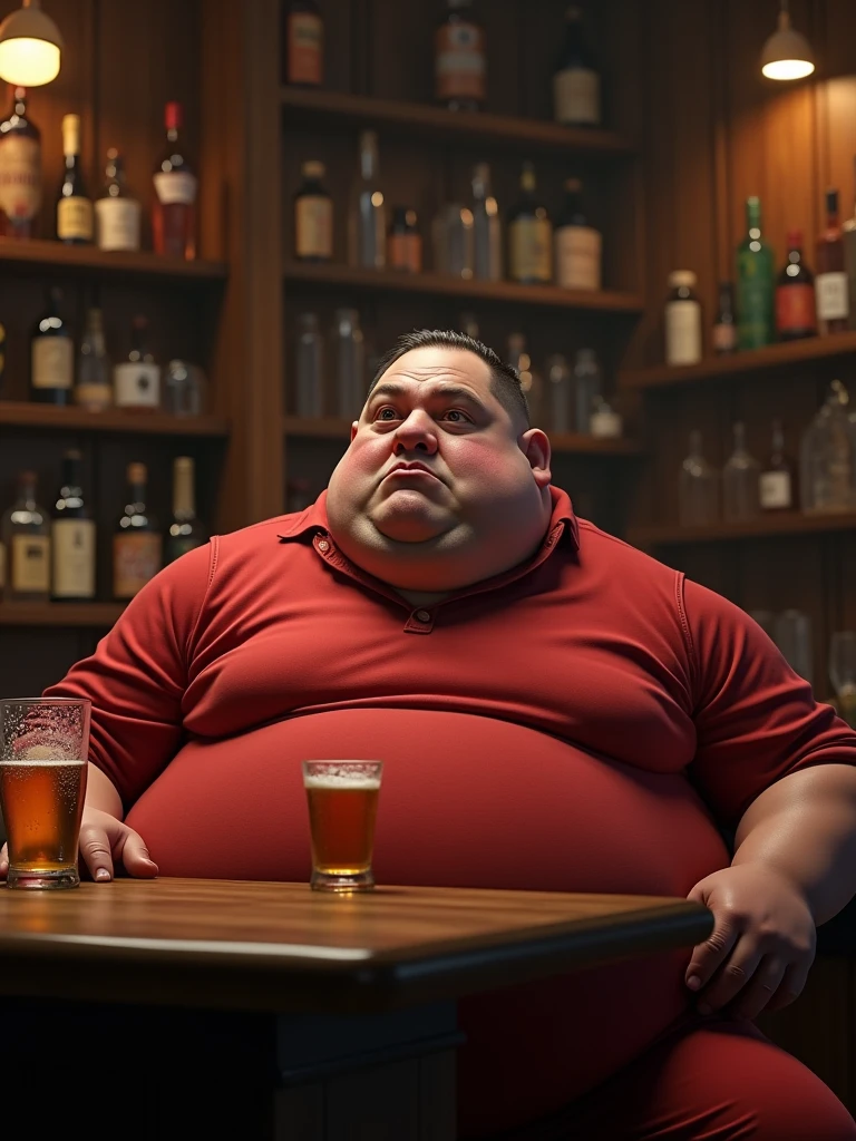 make a man obese ,This man must be wearing red clothes,he must be inside the bar ,he is drinking beer,ultra realistic photo 8k, fullHD
