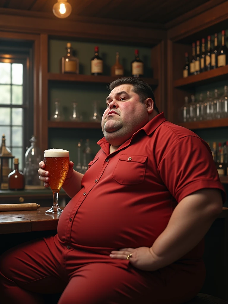 make a man obese ,This man must be wearing red clothes,he must be inside the bar ,he is drinking beer,ultra realistic photo 8k, fullHD