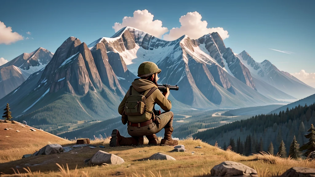 make a sniper marking a mountain, make this image very dark and very didactic, reminding me a lot of dayz's style, Make cartoon style, very clear and very lively, full emphasis on dayz (work of art, best qualityer, 4K, 2k, shadowed, absurd resolution) add more details in the dayz style. , image with more details reminiscent of daYZ do with just 1 large soldier taking up a good part of the screen (dayz,4K) very cool image, the coolest possible, surprise me in 1920x1080 resolution