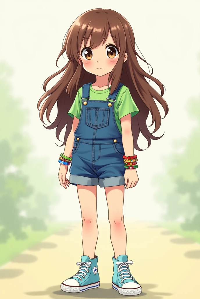A female anime character who is around 8 years old has long wavy hair, brown eyes, wears colorful bracelets and a denim short jumpsuit with a green shirt underneath and finally wears baby blue All Stars.