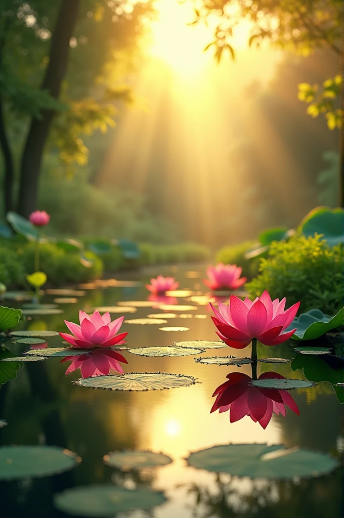 Morning sunlight with a beautiful red lotus pond