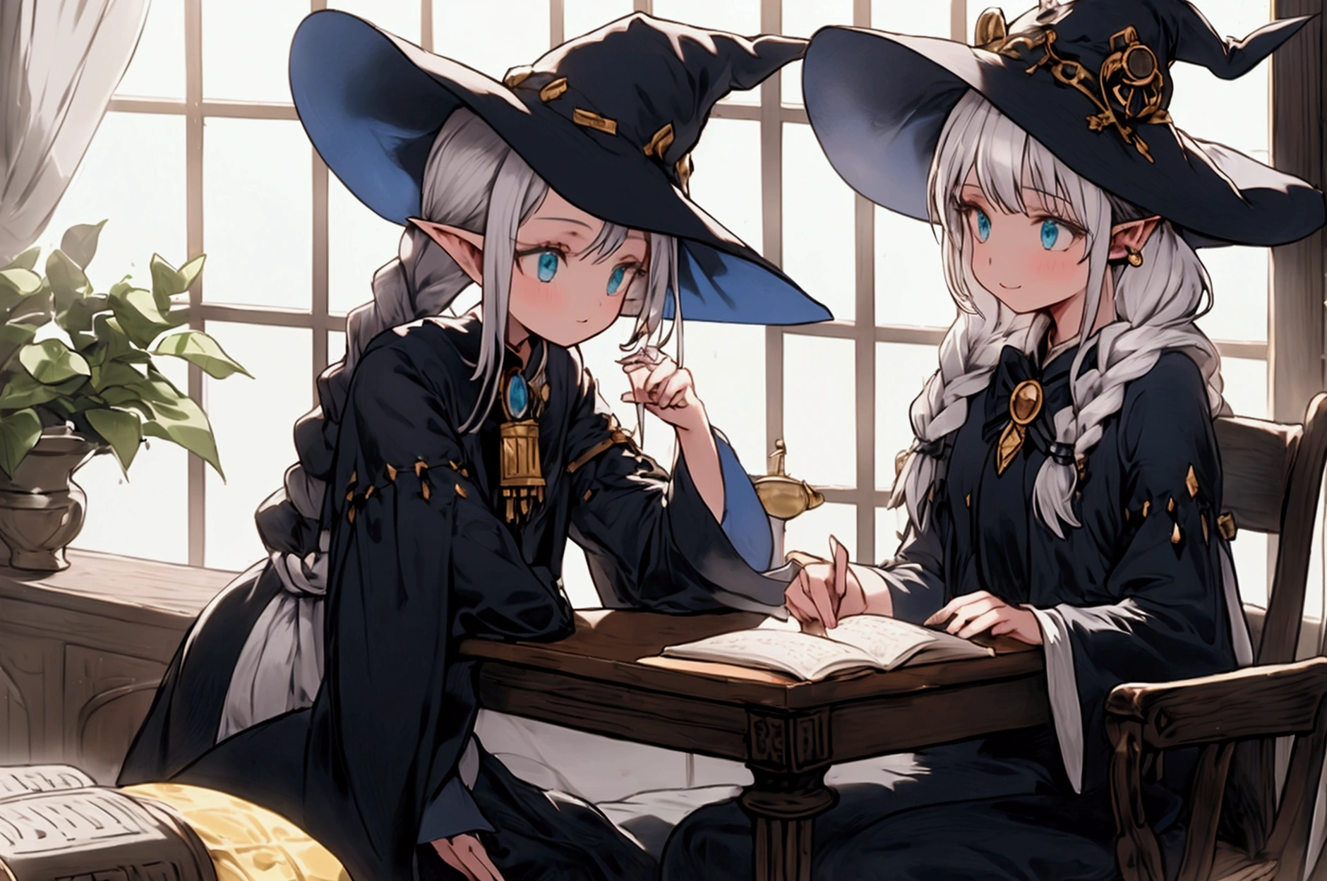 1girl, solo, long hair, smile, bangs, long sleeves, hat, dress, black dress, holding, green eyes, braid, flower, white hair, grey hair, pointy ears, indoors, wide sleeves, white apron, twin braids, cup, book, window, bell, witch hat, animal, table, cat, bottle, plant, plate, blue headwear, open book, hat with jewels, bookshelf, witch, potted plant, black cat, shelf, book stack, jar, flask, potion, pocket watch on the desk, potted plant, bottle, chest,laboratory,beaker with smoke,dried medicinal herbs,