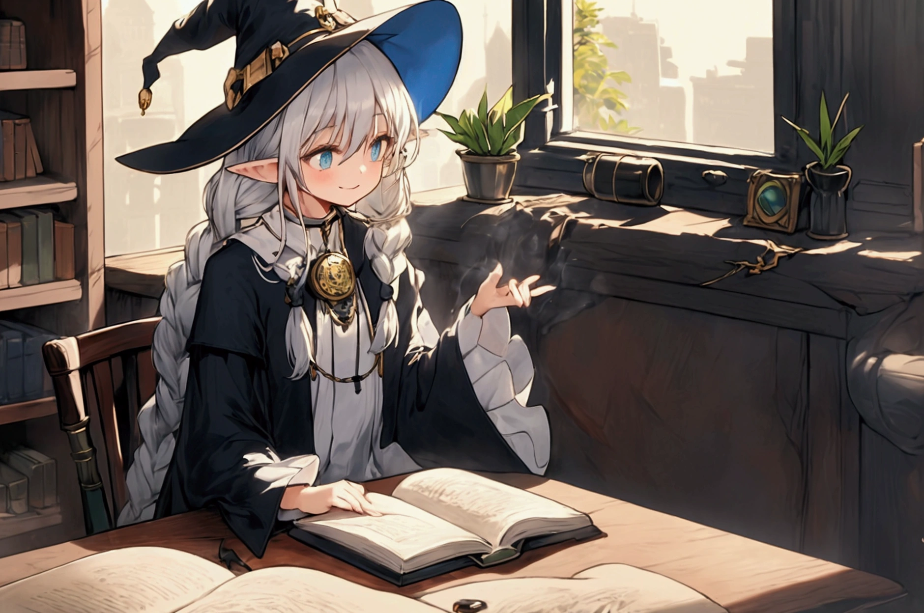 1girl, solo, long hair, smile, bangs, long sleeves, hat, dress, black dress, holding, green eyes, braid, flower, white hair, grey hair, pointy ears, indoors, wide sleeves, white apron, twin braids, cup, book, window, bell, witch hat, animal, table, cat, bottle, plant, plate, blue headwear, open book, hat with jewels, bookshelf, witch, potted plant, black cat, shelf, book stack, jar, flask, potion, pocket watch on the desk, potted plant, bottle, chest,laboratory,beaker with smoke,dried medicinal herbs,