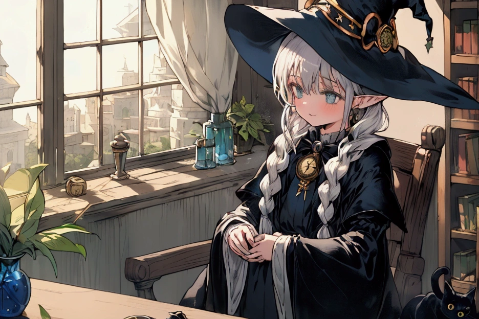 1girl, solo, long hair, smile, bangs, long sleeves, hat, dress, black dress, holding, green eyes, braid, flower, white hair, grey hair, pointy ears, indoors, wide sleeves, white apron, twin braids, cup, book, window, bell, witch hat, animal, table, cat, bottle, plant, plate, blue headwear, open book, hat with jewels, bookshelf, witch, potted plant, black cat, shelf, book stack, jar, flask, potion, pocket watch on the desk, potted plant, bottle, chest,laboratory,beaker with smoke,dried medicinal herbs,