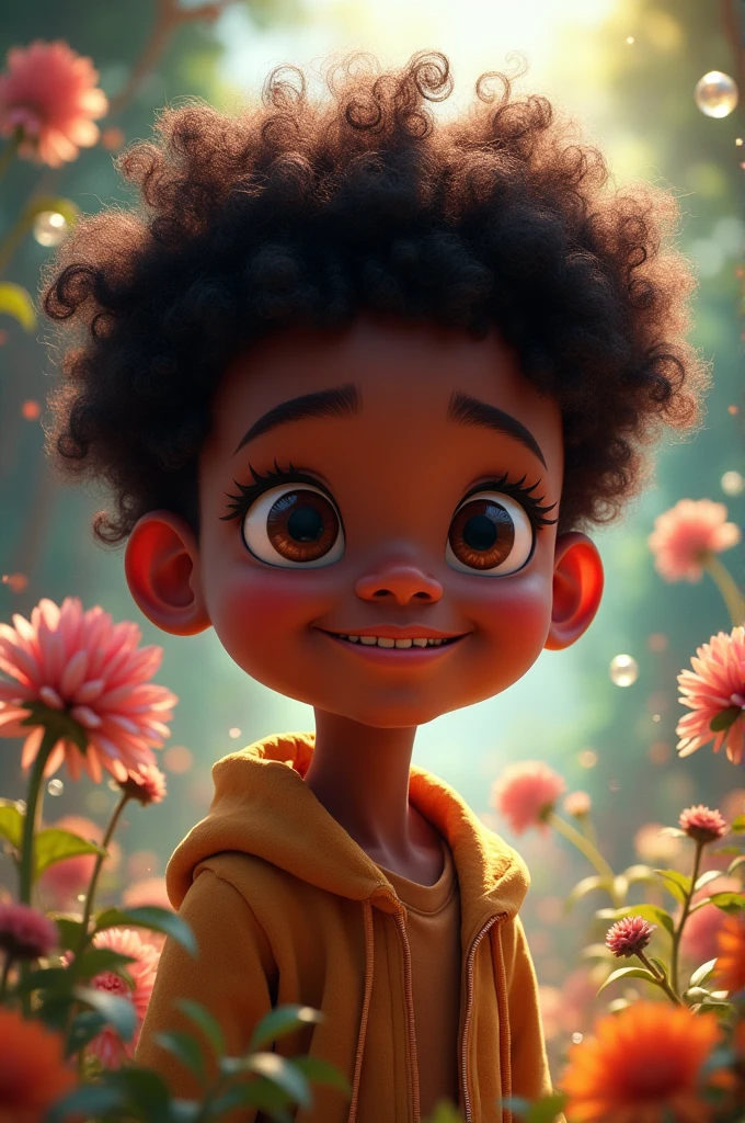 create a Disney style character, The features are: a black boy with long curly hair