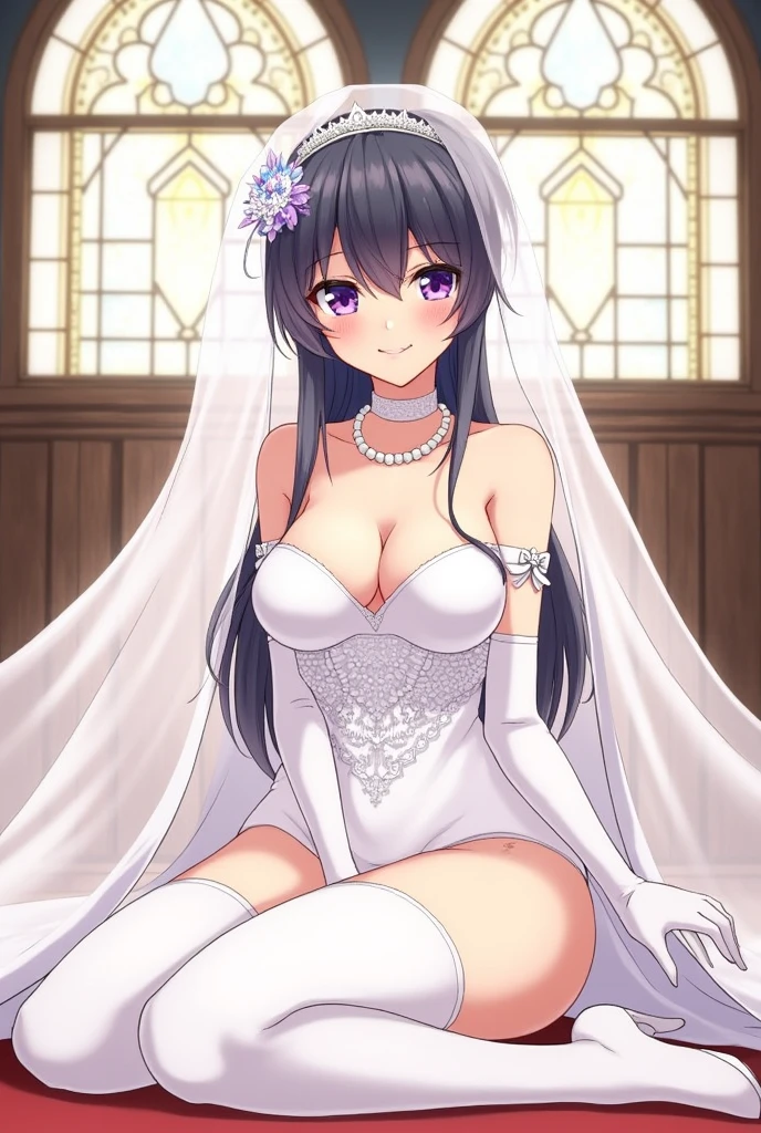 1girl, veil, breasts, bridal_veil, solo, high_heels, rating:questionable, jewelry, underwear, panties, earrings, thighhighs, smile, spread_legs, cleavage, looking_at_viewer, thighs, white_panties, wedding_dress, purple_eyes, white_legwear, sitting, bow, bride, choker, purple_hair, gloves, navel, white_bra, blush, bra, thick_thighs, long_hair, bare_shoulders, huge_breasts, cameltoe, white_gloves, white_footwear, hair_ornament, garter_belt, mature, church, ass, necklace, black_hair, collarbone, short_hair, lingerie, lips, dress, pubic_hair, legs, parted_lips, elbow_gloves, stained_glass, pearl_necklace, bow_panties, ponytail, see-through, mole, blue_eyes, rating:safe, curvy, hair_flower, blue_hair, covered_nipples, shoes, long_legs, lipstick, bangs, black_eyes, mole_under_eye, hair_intakes, arm_support, makeup, bouquet, wedding, bikini, kochou_shinobu, window, large_breasts, shiny_skin, crown, underwear_only, tiara, very_long_hair, indoors, grin, updo, headdress