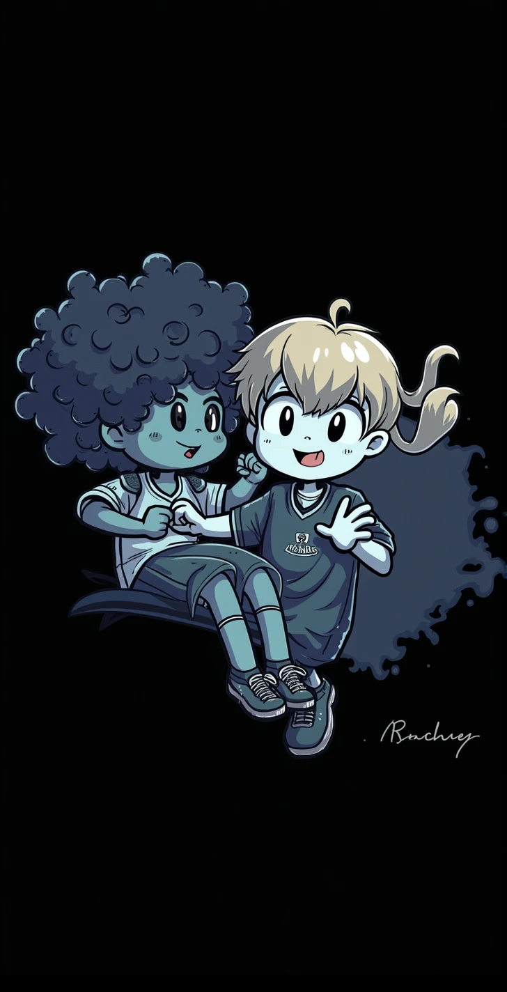 Asme to S pilgrim and his girlfriend with different things pilgrim with curly hair and small curls and dark and the girlfriend put short black hair and that both have soccer clothes and the girlfriend do not change the skin tone