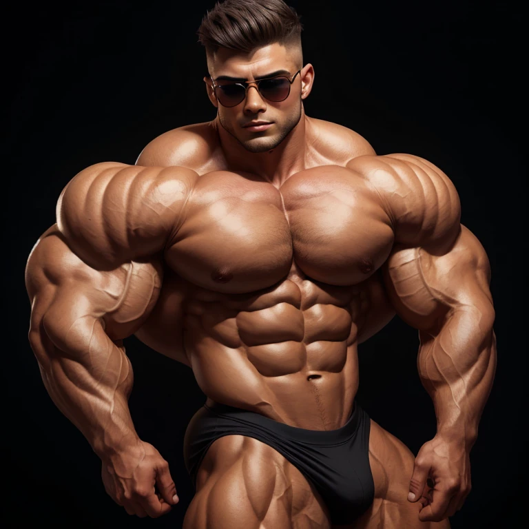 gay, style, muscle, bodybuilder, a very handsome young man, sunglasses, shirtless, exaggeratedly muscular, exaggeratedly muscles, on a black background