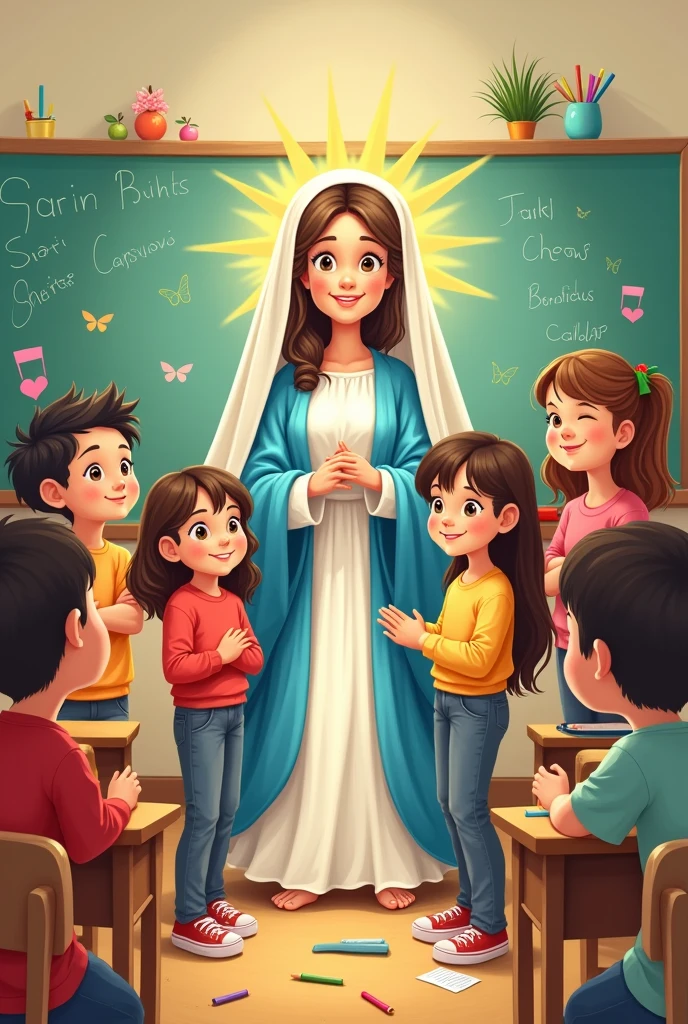 Virgin Mary in a classroom with children, that it is a cartoon and easy to hand-write