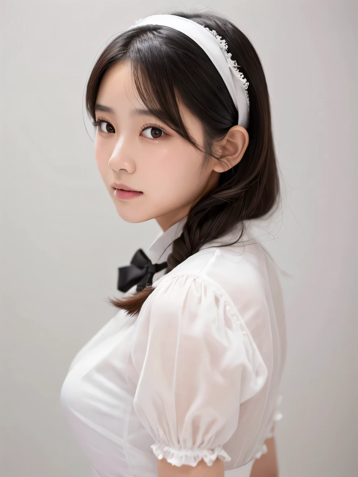 photo, dence, beautifl asian woman, Facing forward, white background, She's wearing a maid's outfit. She's got a blush on her cheeks.