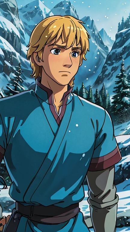 (a man as kristoff_bjorgman), (extremely detailed CG unit 8k wallpaper),(master part), (best quality), (ultra detail), (best illustration),(ghibli style), cowboy shot,(Sharp eyeliner, ombre, detailed eyes:1), Snowy Forest, outdoors, GHIBLI_Background,break,upper body,