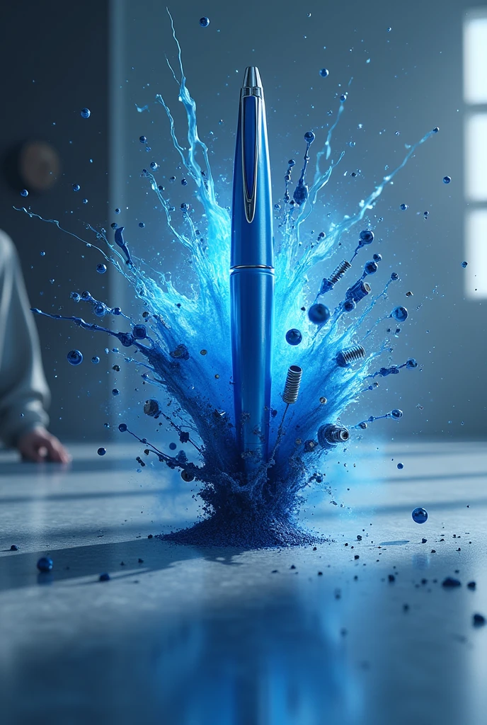 Create a blue pen being popped on the ground in epic fashion