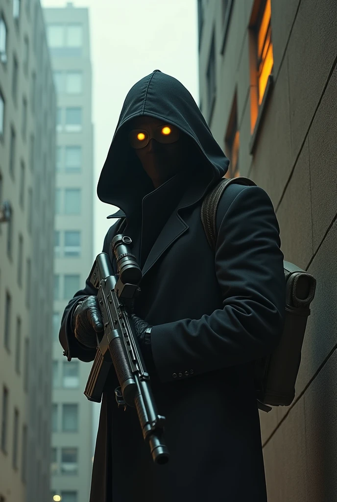 a banan man hitman assasin holding a sniper rifle in a tall building