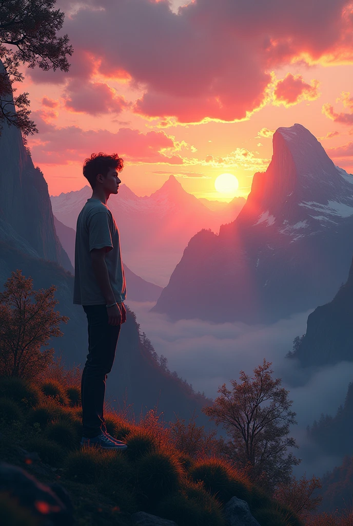 A young man looking towards the mountains contemplating a beautiful sunset
