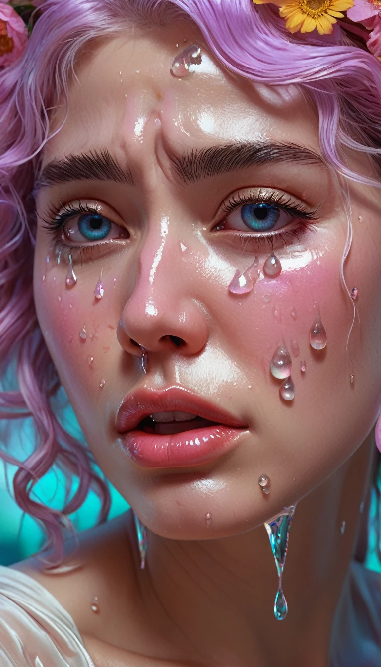 crying, Aesthetic, extremely detailed, crying eyes, Sweet, vaporwave Aesthetic, synthesized wave, Digital paint, art station, Conceptual art, seeds, sharp focus, illustration, Art by Artgerm and Greg Rutkowski and Alphonse Mucha