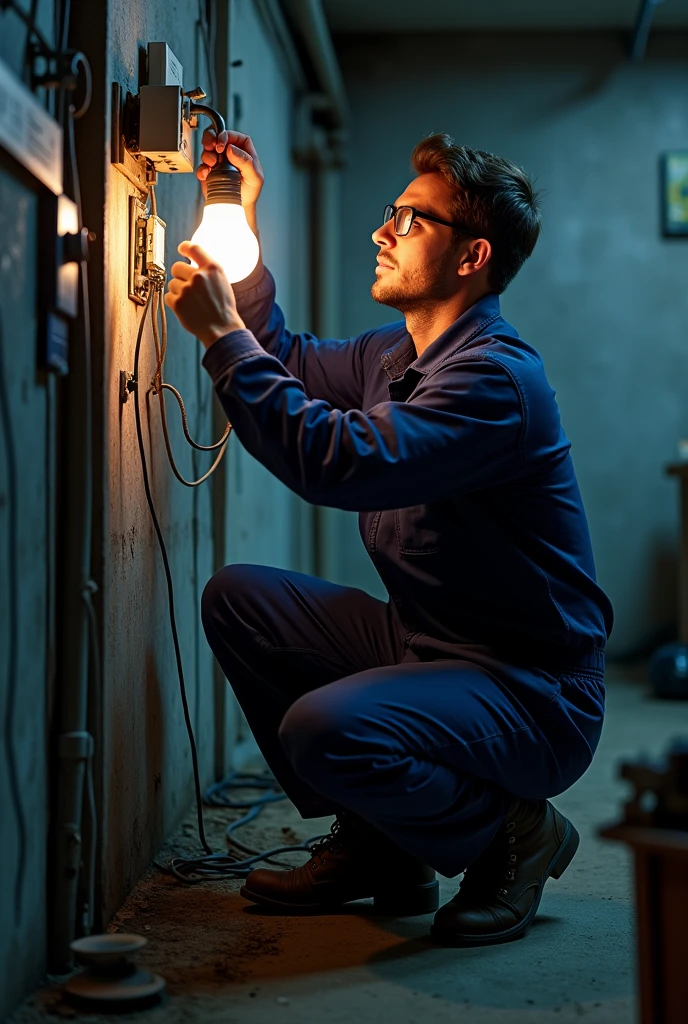 An electrical technician changing a light bulb
