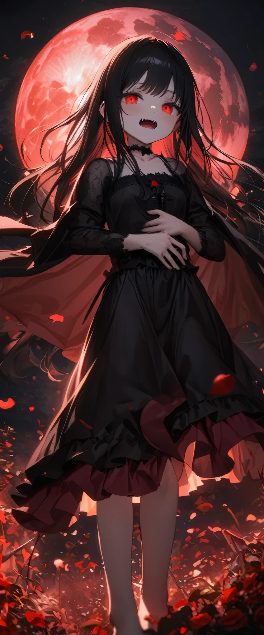 quality\(masterpiece, best quality,8k,wallpaper of extremely detailed CG unit,hight resolution,top-quality,top-quality real texture skin,hyper realisitic,increase the resolution,RAW photos,best qualtiy,highly detailed,the wallpaper\), BREAK ,(1couple\(1vampiress embracing 1victim\):1.5), BREAK ,1vampiress\(1girl,young,teen,10 years old, black hair, long hair,floating hair, beautiful hair, shining hair, (sharp fangs),open mouth, red eyes, glowing eyes, big eyes, frilled shirt, gothic cape, gothic frilled skirt, gothic black boots, tall,breast,pale skin,floating in sky\), BREAK ,1victim\(1girl,small,10 years old,listlessness,weakness,(throwing head back),warped back,silver hair,long hair, hospital gown ,eyes closed,skinny,short,breast,weak,pale skin,silver eyes,bloody neck,bare foot\), BREAK ,background\(grave yard,very dark night, beautiful full moon,red moon, many red roses, thorn (ivy:1.4), rose petals in the sky\),close-up 1couple,dynamic angle,from below