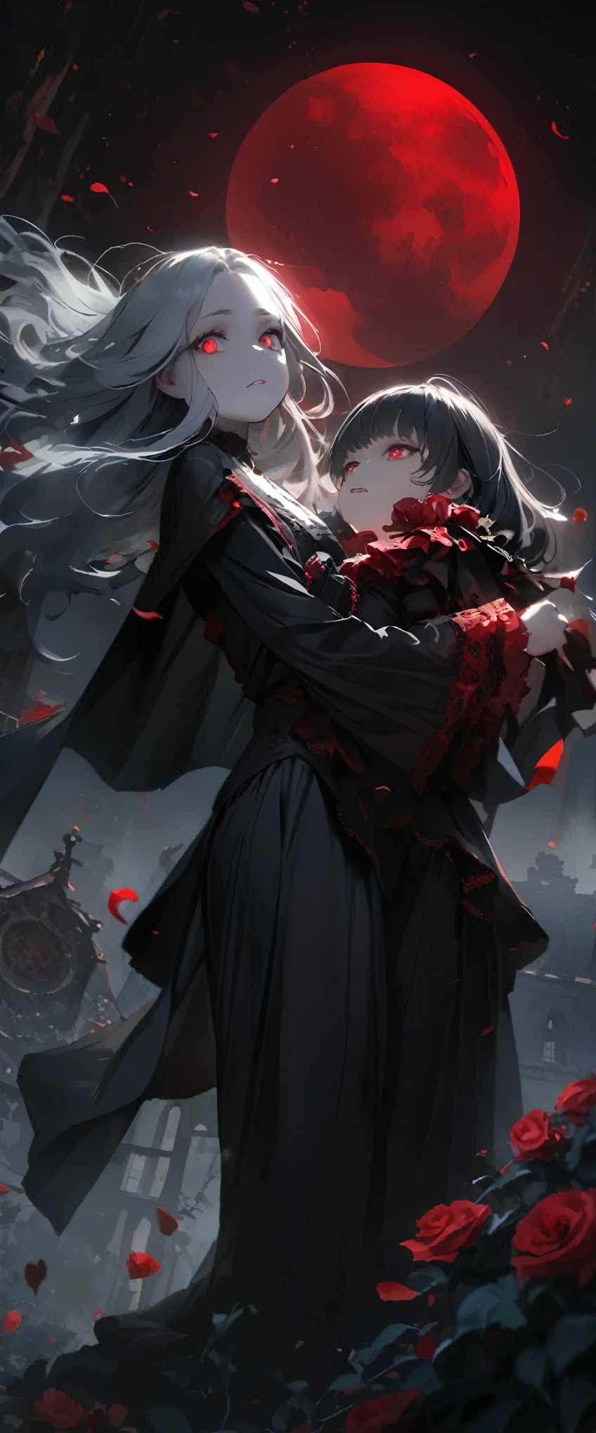 quality\(masterpiece, best quality,8k,wallpaper of extremely detailed CG unit,hight resolution,top-quality,top-quality real texture skin,hyper realisitic,increase the resolution,RAW photos,best qualtiy,highly detailed,the wallpaper\), BREAK ,(1couple\((1vampiress embracing 1victim:1.3)\):1.5), BREAK ,1vampiress\(1girl,young,teen,10 years old, black hair, long hair,floating hair, beautiful hair, shining hair, (sharp fangs:1.2),open mouth, (black sclera:1.3),red eyes, glowing eyes, big eyes, frilled shirt, gothic cape, gothic frilled skirt, gothic black boots, tall,breast,pale skin,body floating in sky\), BREAK ,1victim\(1girl,small,10 years old,listlessness,weakness,(throwing head back),warped back,silver hair,long hair, hospital gown ,eyes closed,skinny,short,breast,weak,pale skin,silver eyes,bloody neck,bare foot\), BREAK ,background\(grave yard,very dark night, beautiful full moon,red moon, many red roses, thorn (ivy:1.4), rose petals in the sky\),close-up 1couple,(dynamic angle),full body,sad mood, horror mood