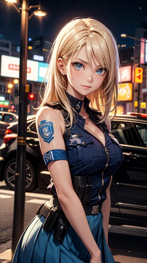 <lora:DOA5LRPhase4Police:1>DOA5 LR , Phase 4, Police, cleavage, Midriffs, black Police peaked cap, White Police Top, front-tie top, white hair, single braid , Blue eyes, Black High-waist shorts, red belt, Black fingerless gloves, black Calf boots,(masterpiece:1.4), photorealistic, best quality, beautiful lighting, real life, 1girl, natural makeup, ultra detailed face, ultra detailed eyes, intricate, high detail, sharp focus, dramatic, beautiful girl, (RAW photo, 8k uhd, film grain), caustics, subsurface scattering, reflections, (close up:1.2)