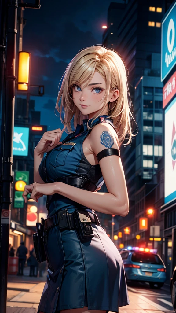 (masterpiece), (premium), Sunset, natural lights, ,(realist:1.5), Milly Alcock as an incredibly beautiful policewoman, blue police uniform, black wrapped short, long skirt, short_blonde hair, diffuse_hair, Tanned, tattoos, wearing an unbuttoned police uniform, neckline, sexy, sensual, hazel eyes, smiling, pose sexy, athletic, looking at the viewer, eye contact, Incredibly beautiful 20 year old policewoman, modern metropolis, evening, Neon lights, evening, patrol, police car in the background, dynamic pose, action pose, detailed modern day city in background, seductive, seductive_pose, natural lights, neckline, athletic body, medium breasts, Upper part of the body, Medium shot, masterpiece, detailed, maduro, bright colors, high saturation, incredibly beautiful girl, precise hands, determined expression, Serious, brave, Corajudo, light eyes, bright Eyes,, Ultra Definition, Higher resolution, soft lightning