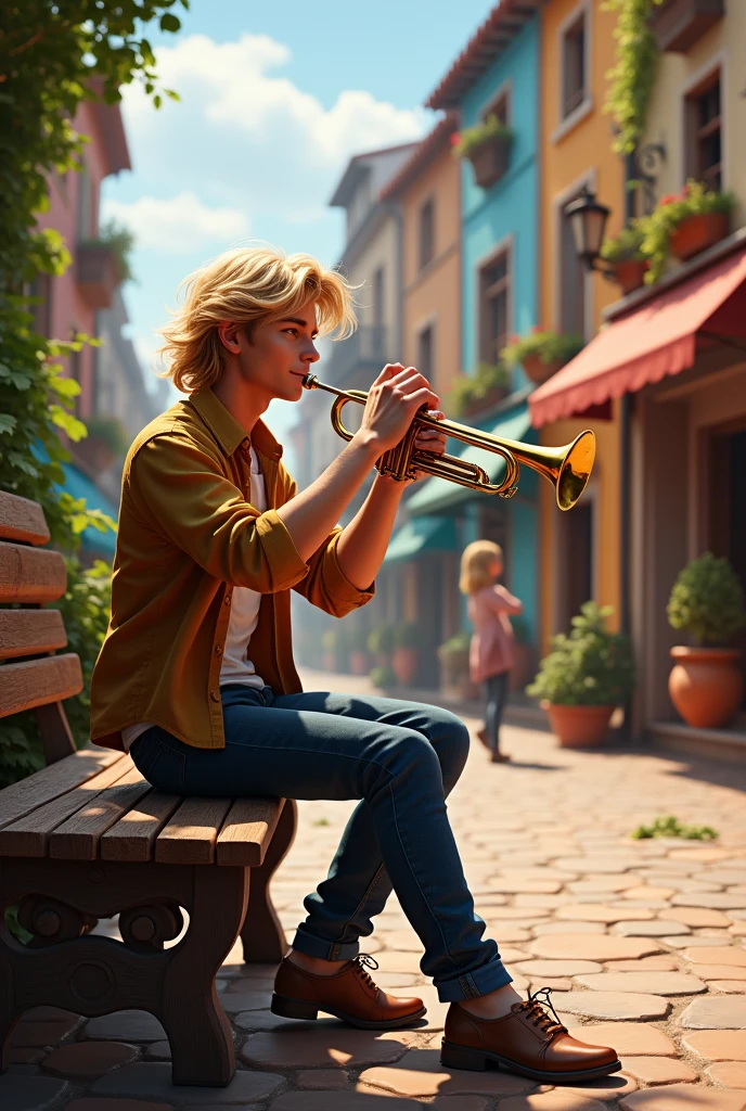 A blond man with long hair playing a trumpet in a small town sitting on a bench