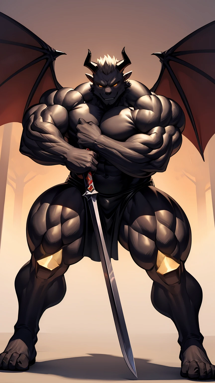 Huge muscles,,Devilish wings,Devilish horns,Showing off strength,(((black costume))),Provocative look,Ready your weapon